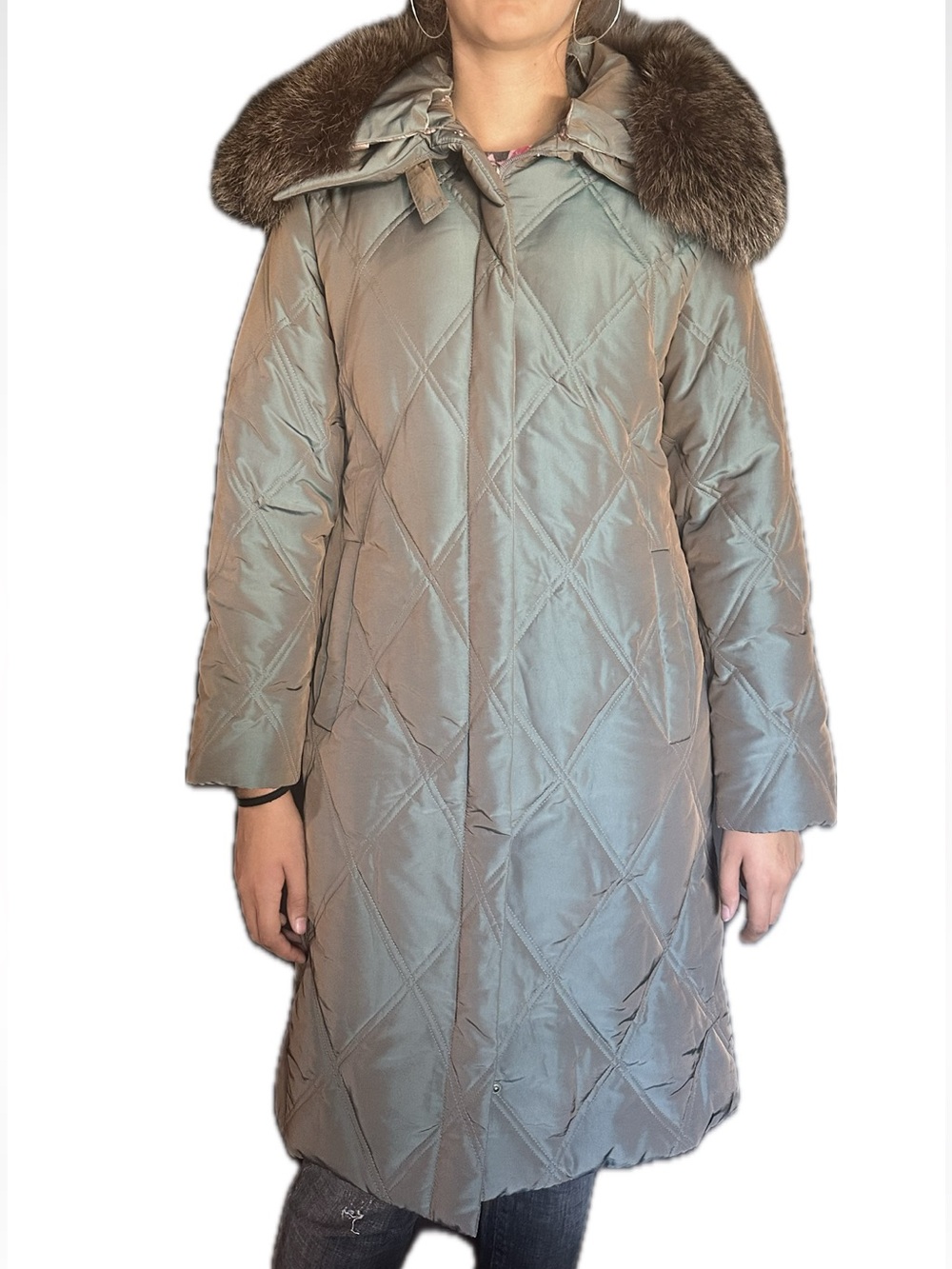 Genuine Fox Fur Trim Down Quilted Olive Winter Coat Long Jacket, Ellen Tracy, XS